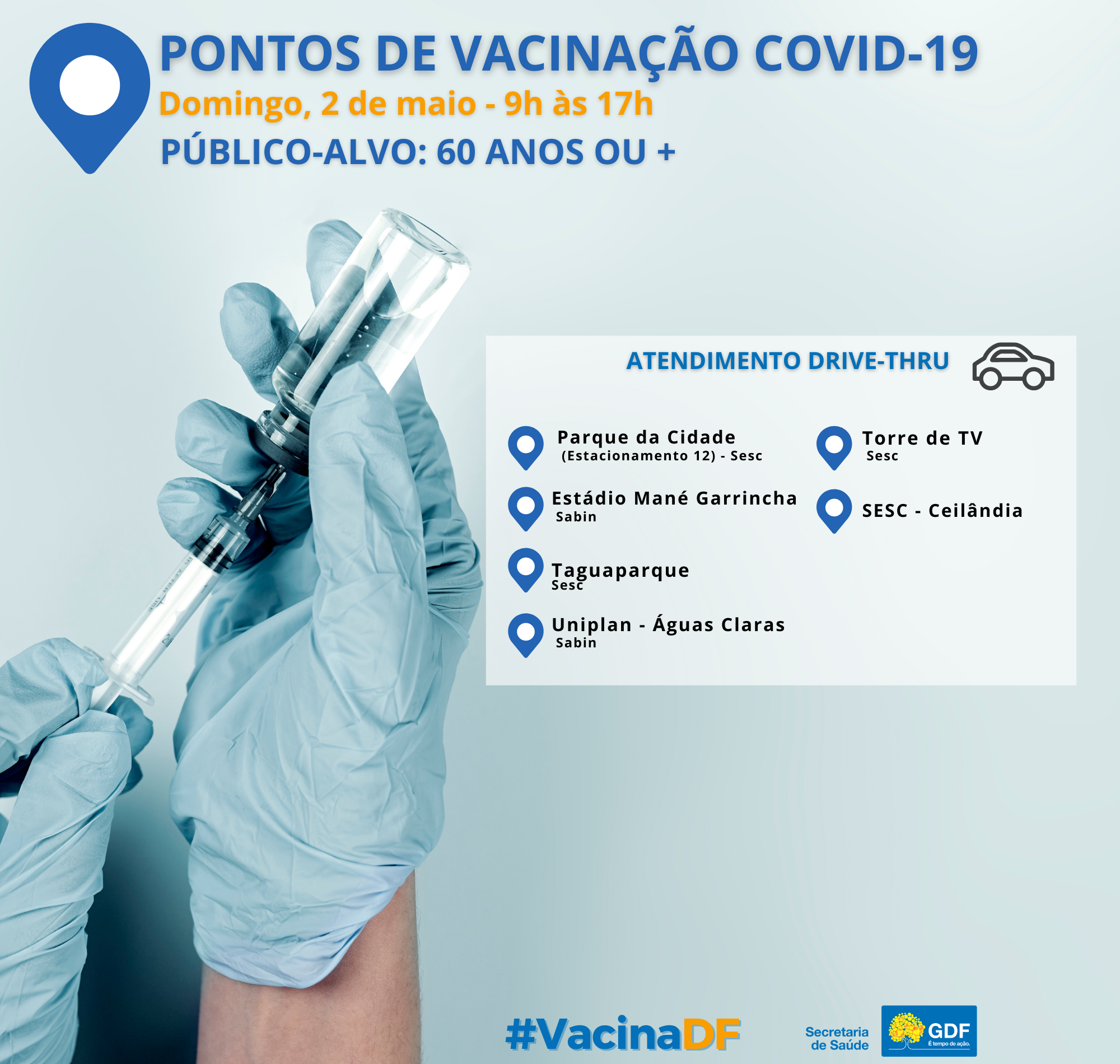 A vacinação contra a covid-19 segue ativa na capital federal. Neste domingo (2/5), seis postos de vacinação estarão disponíveis para atender a população, para aplicar a primeira e segunda dose. 